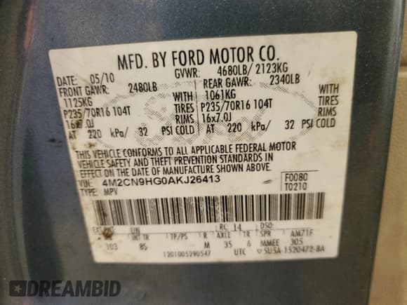 ✅ 2010 Mercury Mariner Premier • VIN: 4M2CN9HG0AKJ26413 • Lot: 72378324. Wystawiony na Copart z przebiegiem 191 647 mil. Bezpłatny archiwum sprzedaży aukcyjnych z USA i szczegółowy raport historii pojazdu na DreamBid. Zdjęcie 14.