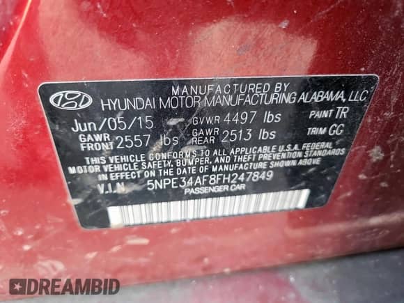 2015 Hyundai Sonata Sport with VIN 5NPE34AF8FH247849, listed as a Copart auction lot 81871365 with 178,359 mi miles and Salvage title. Bid and sale history available at DreamBid. Image 12.