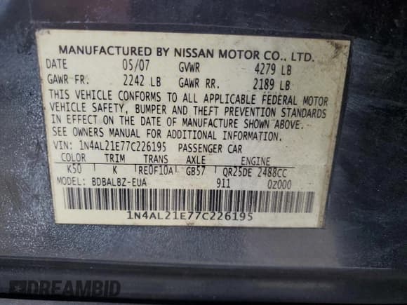 ✅ 2007 Nissan Altima 2.5 • VIN: 1N4AL21E77C226195 • Lot: 89634285. Wystawiony na Copart z przebiegiem 234 960 mil. Bezpłatny archiwum sprzedaży aukcyjnych z USA i szczegółowy raport historii pojazdu na DreamBid. Zdjęcie 12.