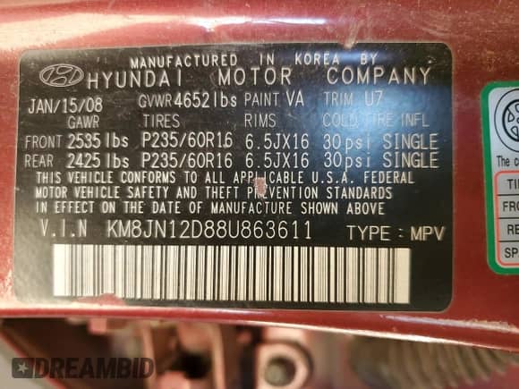 ✅ 2008 Hyundai Tucson SE • VIN: KM8JN12D88U863611 • Lot: 41410755. Wystawiony na Copart z przebiegiem 152 785 mil mil. Skorzystaj z bezpłatnego archiwum sprzedaży aukcyjnych z USA i zobacz szczegółowy raport historii pojazdu na DreamBid. Zdjęcie 13.