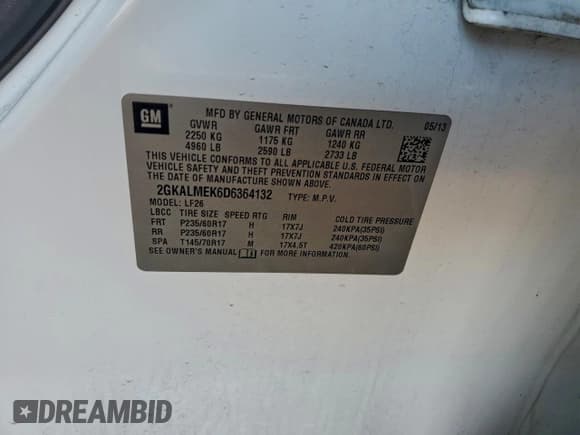 ✅ 2013 GMC Terrain SLE • VIN: 2GKALMEK6D6364132 • Lot: 94824695. Listed on Copart with 169,633 mi. Free auction sales archive from the USA and detailed vehicle history report at DreamBid. Image 13.