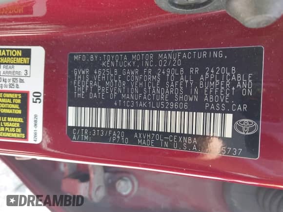 2020 Toyota Camry Hybrid LE с VIN 4T1C31AK1LU529606, выставлен на аукционе IAAI как лот 42598060 с пробегом 61 690 миль миль и . История ставок и продаж доступна на DreamBid. Изображение 9.