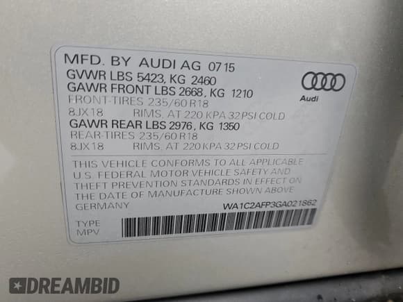 ✅ 2016 Audi Q5 Premium • VIN: WA1C2AFP3GA021862 • Lot: 93559175. Listed on Copart with 135,713 mi. Free auction sales archive from the USA and detailed vehicle history report at DreamBid. Image 13.