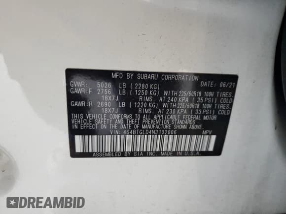 ✅ 2022 Subaru Outback Onyx XT • VIN: 4S4BTGLD4N3102006 • Лот: 71819155. Опубликован ранее на Copart с пробегом 45 140 миль. Бесплатный доступ к архиву аукционных продаж из США и подробный отчёт об истории автомобиля на DreamBid. Изображение 12.