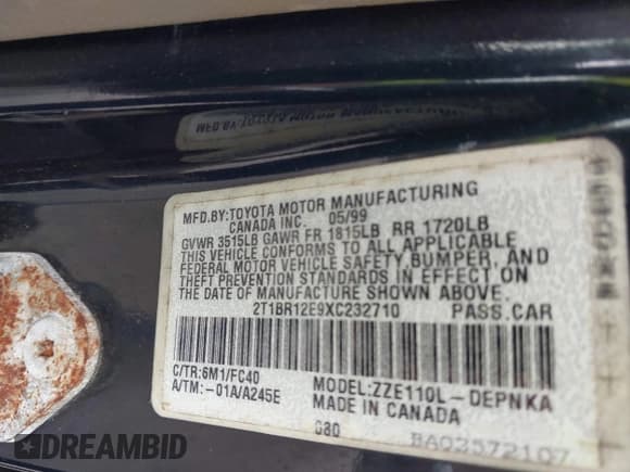 ✅ 1999 Toyota Corolla VE • VIN: 2T1BR12E9XC232710 • Лот: 43741518. Опубликован ранее на IAAI с пробегом 189 148 миль. Бесплатный доступ к архиву аукционных продаж из США и подробный отчёт об истории автомобиля на DreamBid. Изображение 9.