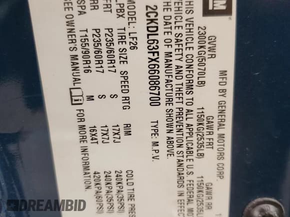 ✅ 2006 Pontiac Torrent • VIN: 2CKDL63FX66086700 • Lot: 81411925. Listed on Copart with 181,631 mi. Free auction sales archive from the USA and detailed vehicle history report at DreamBid. Image 14.