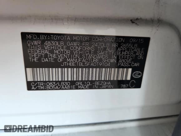 ✅ 2015 Lexus GS 350 • VIN: JTHBE1BL5FA019104 • Lot: 82662165. Listed on Copart with 91,319 mi. Free auction sales archive from the USA and detailed vehicle history report at DreamBid. Image 12.