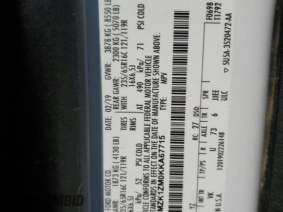 ✅ 2019 Ford Transit Passenger XL • VIN: 1FMZK1ZM0KKA67715 • Lot: 68561315. Wystawiony na Copart z przebiegiem 5 545 mil. Bezpłatny archiwum sprzedaży aukcyjnych z USA i szczegółowy raport historii pojazdu na DreamBid. Zdjęcie 13.