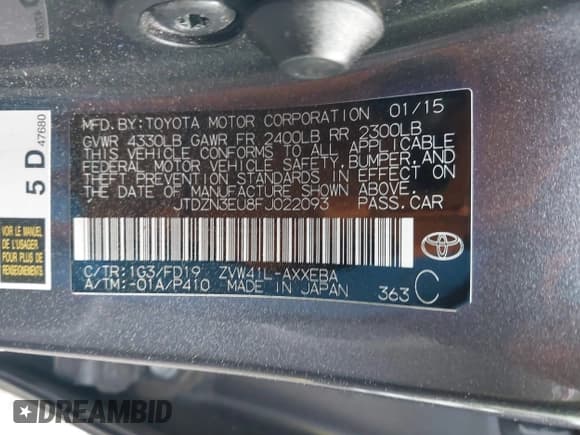 ✅ 2015 Toyota Prius Two • VIN: JTDZN3EU8FJ022093 • Lot: 41993308. Listed on IAAI with 114,648 mi. Free auction sales archive from the USA and detailed vehicle history report at DreamBid. Image 9.