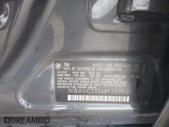 ✅ 2008 BMW 3 Series 328i • VIN: WBAVC53568FZ82916 • Lot: 43433383. Listed on IAAI with 158,770 mi. Free auction sales archive from the USA and detailed vehicle history report at DreamBid. Image 9.