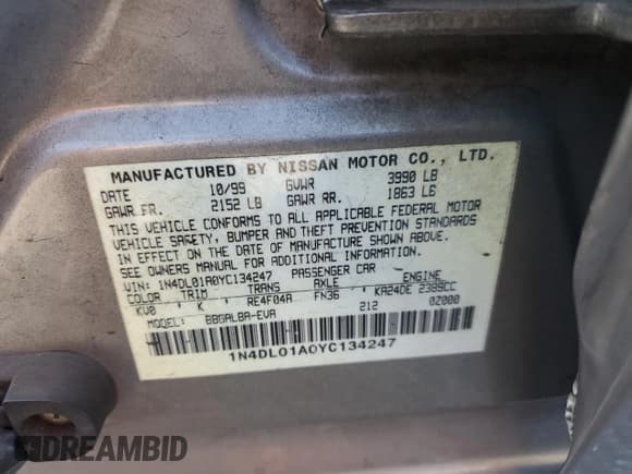 ✅ 2000 Nissan Altima GXE • VIN: 1N4DL01A0YC134247 • Lot: 63534085. Wystawiony na Copart z przebiegiem 107 067 mil. Bezpłatny archiwum sprzedaży aukcyjnych z USA i szczegółowy raport historii pojazdu na DreamBid. Zdjęcie 12.