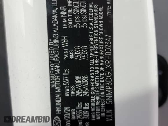 2024 Hyundai Santa Fe XRT с VIN 5NMP3DGLXRH002347, выставлен на аукционе Copart как лот 42988325 с пробегом 9 104 миль миль и Списание • Salvage title. История ставок и продаж доступна на DreamBid. Изображение 14.