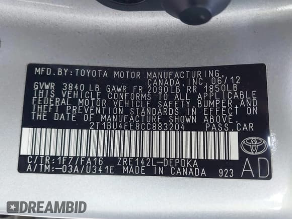 ✅ 2012 Toyota Corolla LE • VIN: 2T1BU4EE8CC883204 • Lot: 43534039. Listed on IAAI with 202,649 mi. Free auction sales archive from the USA and detailed vehicle history report at DreamBid. Image 9.