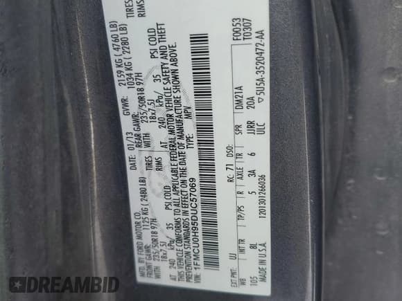 ✅ 2013 Ford Escape SEL • VIN: 1FMCU0H95DUC57069 • Lot: 90962825. Listed on Copart with 211,154 mi. Free auction sales archive from the USA and detailed vehicle history report at DreamBid. Image 13.