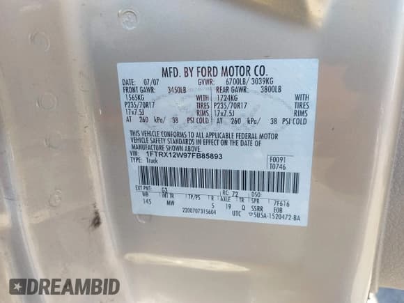 ✅ 2007 Ford F-150 STX • VIN: 1FTRX12W97FB85893 • Lot: 43575865. Listed on IAAI with 214,882 mi. Free auction sales archive from the USA and detailed vehicle history report at DreamBid. Image 9.