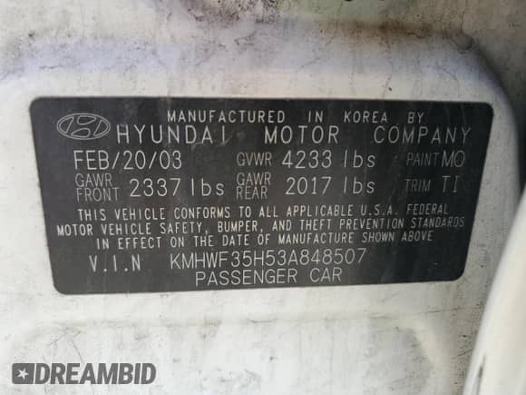 2003 Hyundai Sonata GLS z VIN KMHWF35H53A848507, wystawiony jako Copart lot #51695225 z przebiegiem 106 863 mil mil oraz Szkoda całkowita • Salvage title. Historia ofert i sprzedaży dostępna na DreamBid. Obrazek 12.