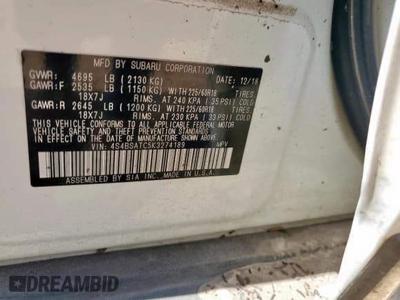 ✅ 2019 Subaru Outback Touring • VIN: 4S4BSATC5K3274189 • Лот: 64887265. Опубликован ранее на Copart с пробегом Не указан. Бесплатный доступ к архиву аукционных продаж из США и подробный отчёт об истории автомобиля на DreamBid. Изображение 13.