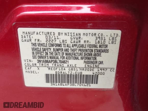 ✅ 2011 Nissan Sentra S • VIN: 3N1AB6AP3BL704621 • Лот: 42756249. Опубликован ранее на IAAI с пробегом Не указан. Бесплатный доступ к архиву аукционных продаж из США и подробный отчёт об истории автомобиля на DreamBid. Изображение 9.