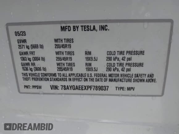 ✅ 2023 Tesla Model Y Long Range • VIN: 7SAYGAEEXPF789037 • Lot: 41551605. Listed on IAAI with 8,630 mi. Free auction sales archive from the USA and detailed vehicle history report at DreamBid. Image 9.