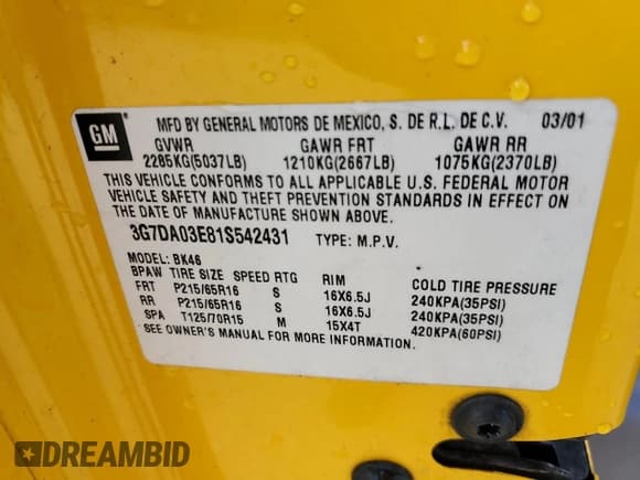 ✅ 2001 Pontiac Aztek GT • VIN: 3G7DA03E81S542431 • Lot: 84196875. Wystawiony na Copart z przebiegiem 222 894 mil. Bezpłatny archiwum sprzedaży aukcyjnych z USA i szczegółowy raport historii pojazdu na DreamBid. Zdjęcie 13.