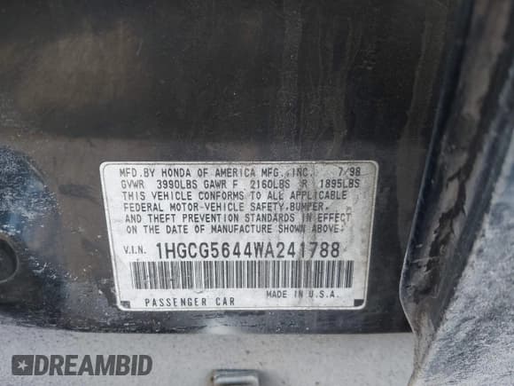 ✅ 1998 Honda Accord LX • VIN: 1HGCG5644WA241788 • Лот: 43463205. Опубликован ранее на IAAI с пробегом 94 133 миль. Бесплатный доступ к архиву аукционных продаж из США и подробный отчёт об истории автомобиля на DreamBid. Изображение 9.