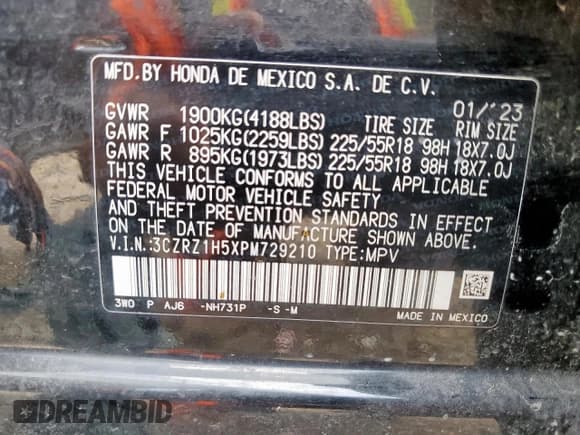 ✅ 2023 Honda HR-V Sport • VIN: 3CZRZ1H5XPM729210 • Lot: 85007825. Listed on Copart with 78,746 mi. Free auction sales archive from the USA and detailed vehicle history report at DreamBid. Image 13.