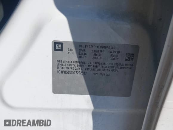 ✅ 2016 Chevrolet Cruze LS • VIN: 1G1PB5SG9G7222837 • Lot: 43190646. Listed on IAAI with 166,597 mi. Free auction sales archive from the USA and detailed vehicle history report at DreamBid. Image 9.