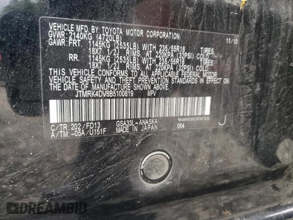 ✅ 2011 Toyota RAV4 Sport • VIN: JTMRK4DV8B5100819 • Lot: 61420435. Listed on Copart with 225,305 mi. Free auction sales archive from the USA and detailed vehicle history report at DreamBid. Image 13.