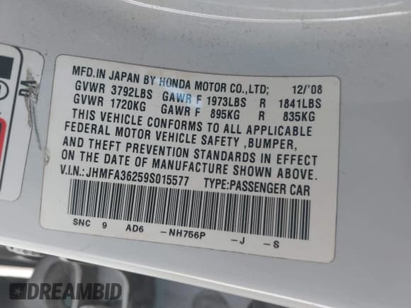 ✅ 2009 Honda Civic • VIN: JHMFA36259S015577 • Lot: 43663762. Listed on IAAI with 127,353 mi. Free auction sales archive from the USA and detailed vehicle history report at DreamBid. Image 9.