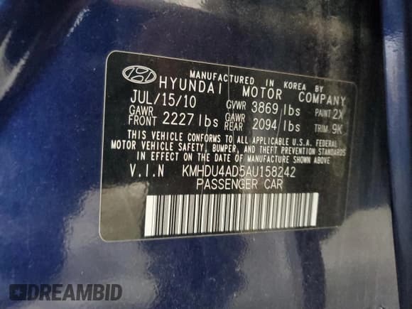 ✅ 2010 Hyundai Elantra GLS • VIN: KMHDU4AD5AU158242 • Lot: 65609325. Listed on Copart with 78,482 mi. Free auction sales archive from the USA and detailed vehicle history report at DreamBid. Image 12.