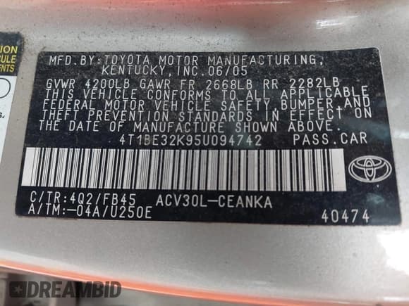 ✅ 2005 Toyota Camry SE • VIN: 4T1BE32K95U094742 • Лот: 43542528. Опубликован ранее на IAAI с пробегом 233 163 миль. Бесплатный доступ к архиву аукционных продаж из США и подробный отчёт об истории автомобиля на DreamBid. Изображение 9.