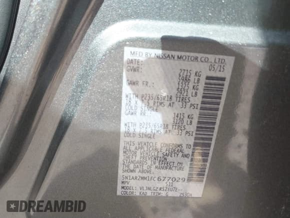 ✅ 2015 Nissan Pathfinder SV • VIN: 5N1AR2MM1FC677029 • Lot: 41791507. Wystawiony na IAAI z przebiegiem Nie podano. Bezpłatny archiwum sprzedaży aukcyjnych z USA i szczegółowy raport historii pojazdu na DreamBid. Zdjęcie 9.