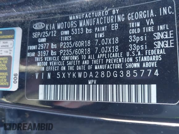 ✅ 2013 Kia Sorento SX • VIN: 5XYKWDA28DG385774 • Lot: 43789245. Listed on IAAI with 142,953 mi. Free auction sales archive from the USA and detailed vehicle history report at DreamBid. Image 9.