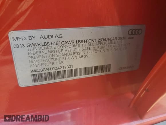 ✅ 2013 Audi S4 Premium Plus • VIN: WAUBGAFL0DA217301 • Lot: 66559015. Wystawiony na Copart z przebiegiem 154 542 mil. Bezpłatny archiwum sprzedaży aukcyjnych z USA i szczegółowy raport historii pojazdu na DreamBid. Zdjęcie 13.