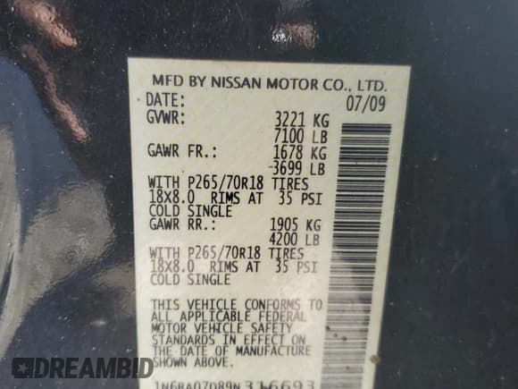 ✅ 2009 Nissan Titan SE • VIN: 1N6BA07D89N316693 • Lot: 66566885. Wystawiony na Copart z przebiegiem 117 523 mil. Bezpłatny archiwum sprzedaży aukcyjnych z USA i szczegółowy raport historii pojazdu na DreamBid. Zdjęcie 12.