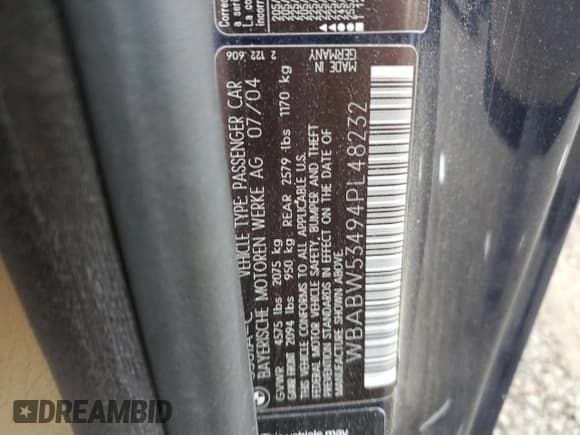 ✅ 2004 BMW 3 Series 330Ci • VIN: WBABW53494PL48232 • Lot: 57779345. Listed on Copart with 117,347 mi. Free auction sales archive from the USA and detailed vehicle history report at DreamBid. Image 12.