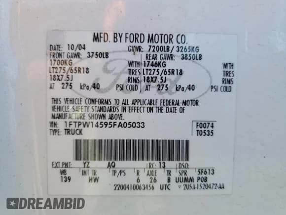 ✅ 2005 Ford F-150 XLT • VIN: 1FTPW14595FA05033 • Lot: 91851255. Listed on Copart with 135,033 mi. Free auction sales archive from the USA and detailed vehicle history report at DreamBid. Image 12.