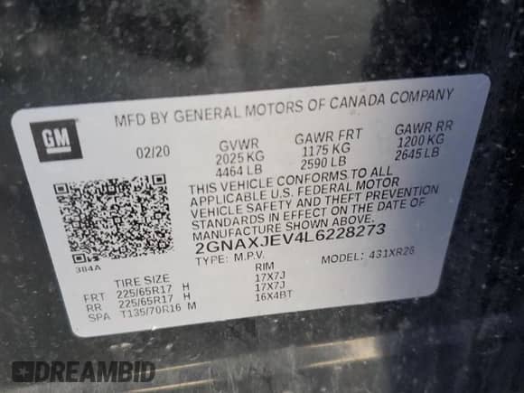 2020 Chevrolet Equinox LT with VIN 2GNAXJEV4L6228273, listed as a Copart auction lot 84831775 with 184,318 mi miles and Salvage title. Bid and sale history available at DreamBid. Image 14.