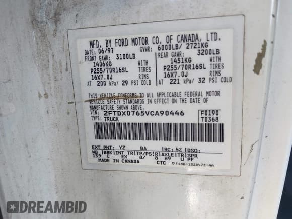 ✅ 1997 Ford F-150 XL • VIN: 2FTDX0765VCA90446 • Lot: 43658347. Listed on IAAI with 129,908 mi. Free auction sales archive from the USA and detailed vehicle history report at DreamBid. Image 9.