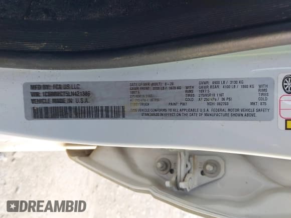 ✅ 2020 Ram 1500 Tradesman • VIN: 1C6RRECT5LN421386 • Lot: 42560552. Listed on IAAI with 107,880 mi. Free auction sales archive from the USA and detailed vehicle history report at DreamBid. Image 9.