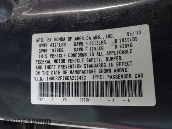 ✅ 2013 Honda Accord EX • VIN: 1HGCR2F76DA200482 • Lot: 42526431. Listed on IAAI with 164,031 mi. Free auction sales archive from the USA and detailed vehicle history report at DreamBid. Image 9.