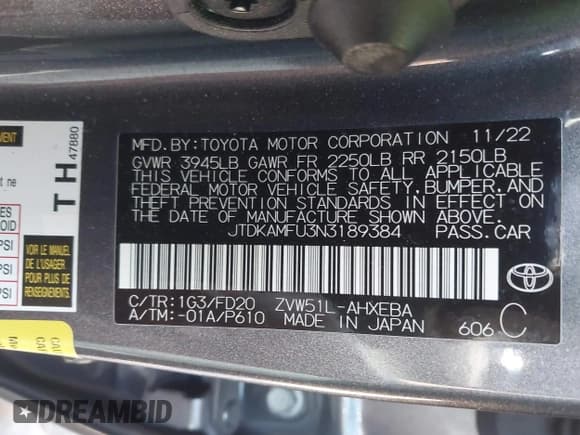 ✅ 2022 Toyota Prius L Eco • VIN: JTDKAMFU3N3189384 • Lot: 43575250. Listed on IAAI with 155,443 mi. Free auction sales archive from the USA and detailed vehicle history report at DreamBid. Image 9.