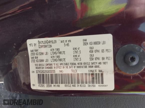 ✅ 2005 Dodge 2500 ST • VIN: 3D7KS26D25G833235 • Lot: 42170077. Wystawiony na IAAI z przebiegiem 164 000 mil. Bezpłatny archiwum sprzedaży aukcyjnych z USA i szczegółowy raport historii pojazdu na DreamBid. Zdjęcie 9.