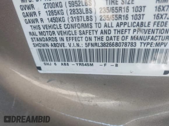 ✅ 2006 Honda Odyssey LX • VIN: 5FNRL38266B078783 • Лот: 43614777. Опубликован ранее на IAAI с пробегом 209 652 миль. Бесплатный доступ к архиву аукционных продаж из США и подробный отчёт об истории автомобиля на DreamBid. Изображение 9.