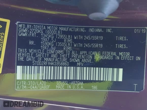 ✅ 2019 Toyota Highlander Limited Platinum • VIN: 5TDDZRFH4KS958860 • Lot: 43442834. Listed on IAAI with 67,193 mi. Free auction sales archive from the USA and detailed vehicle history report at DreamBid. Image 9.