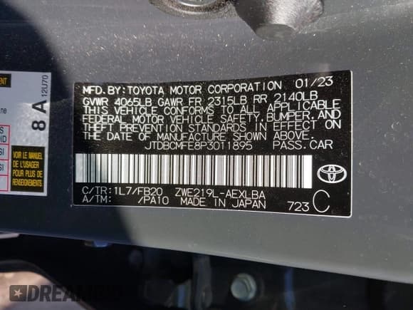 ✅ 2023 Toyota Corolla Hybrid SE • VIN: JTDBCMFE8P3011895 • Lot: 43412288. Wystawiony na IAAI z przebiegiem 101 138 mil. Bezpłatny archiwum sprzedaży aukcyjnych z USA i szczegółowy raport historii pojazdu na DreamBid. Zdjęcie 9.