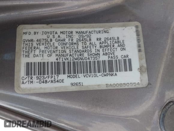 ✅ 1992 Toyota Camry • VIN: 4T1VK12W6NU047357 • Lot: 42593322. Wystawiony na IAAI z przebiegiem 325 406 mil. Bezpłatny archiwum sprzedaży aukcyjnych z USA i szczegółowy raport historii pojazdu na DreamBid. Zdjęcie 9.