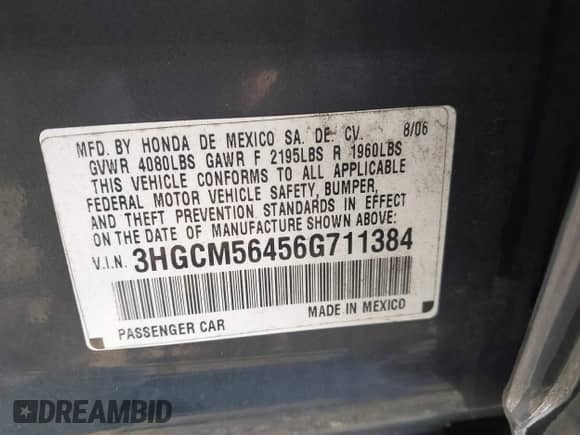 2006 Honda Accord LX с VIN 3HGCM56456G711384, выставлен на аукционе IAAI как лот 43560311 с пробегом 194 958 миль миль и . История ставок и продаж доступна на DreamBid. Изображение 9.