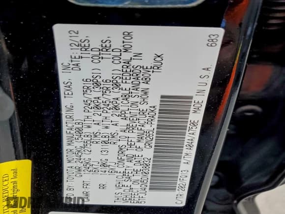 ✅ 2013 Toyota Tacoma PreRunner • VIN: 5TFJU4GN5DX038032 • Lot: 89548055. Listed on Copart with 187,260 mi. Free auction sales archive from the USA and detailed vehicle history report at DreamBid. Image 12.