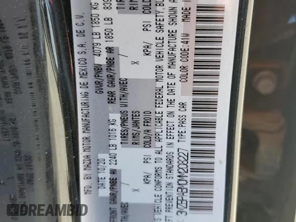 ✅ 2021 Mazda 3 Select • VIN: 3MZBPABM0MM208227 • Lot: 54183795. Listed on Copart with 79,325 mi. Free auction sales archive from the USA and detailed vehicle history report at DreamBid. Image 12.